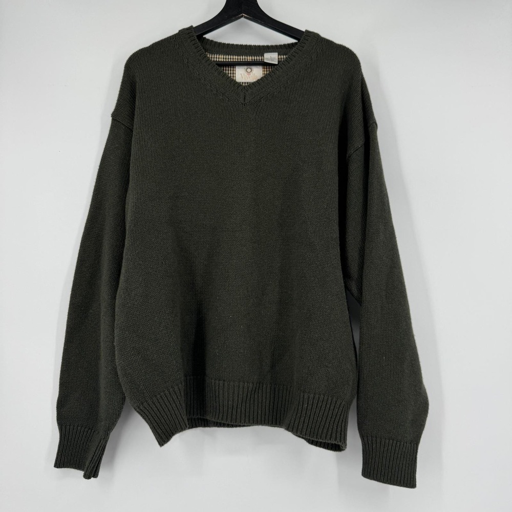 Vintage Viyella Mens V-Neck Sweater Large Green Cotton Lambswool Knit Pullover